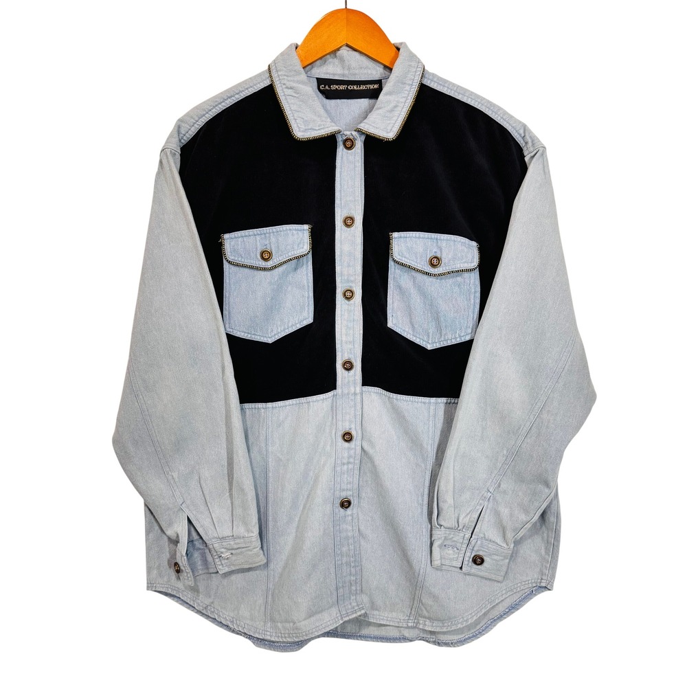 C.A. Sport Collection Denim Shirt Women XL Blue Black Corduroy Mixed Media Chain